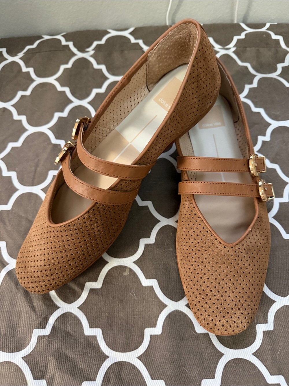 Dolce Vita Perforated Double-Strap Flats in Tan